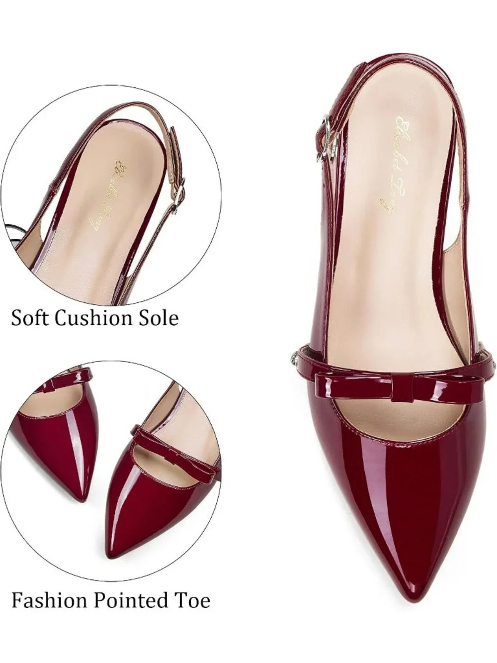 Women's Wine Red Leather Slingback Flats Rhinestone Closed Pointed Toe Shoes